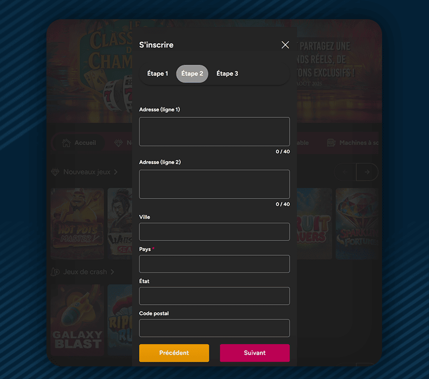diamond reels casino comment s'inscrire etape 3